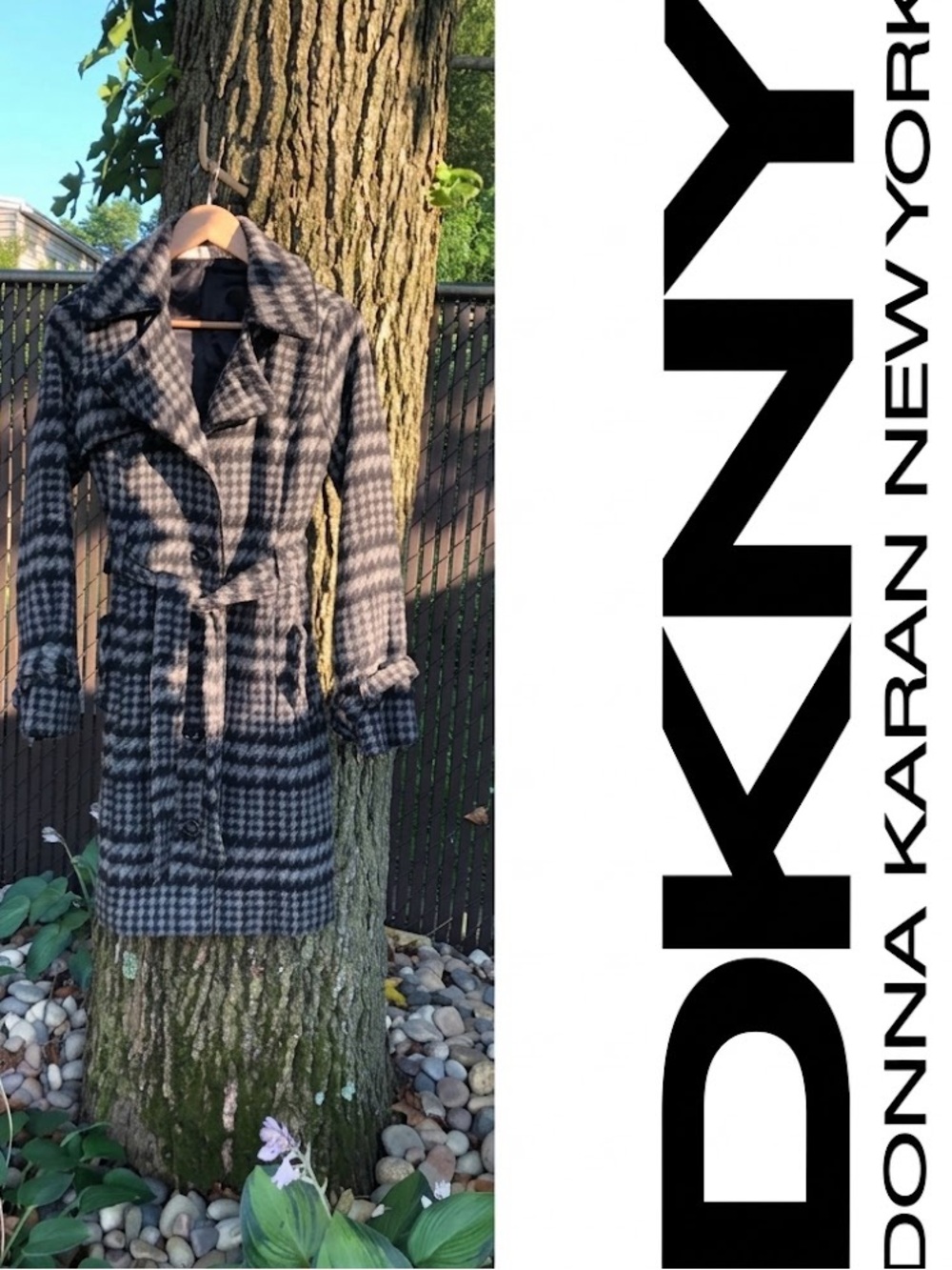 DKNY Jeans Wool Blend Plaid Belted Trench Coat Jacket Small